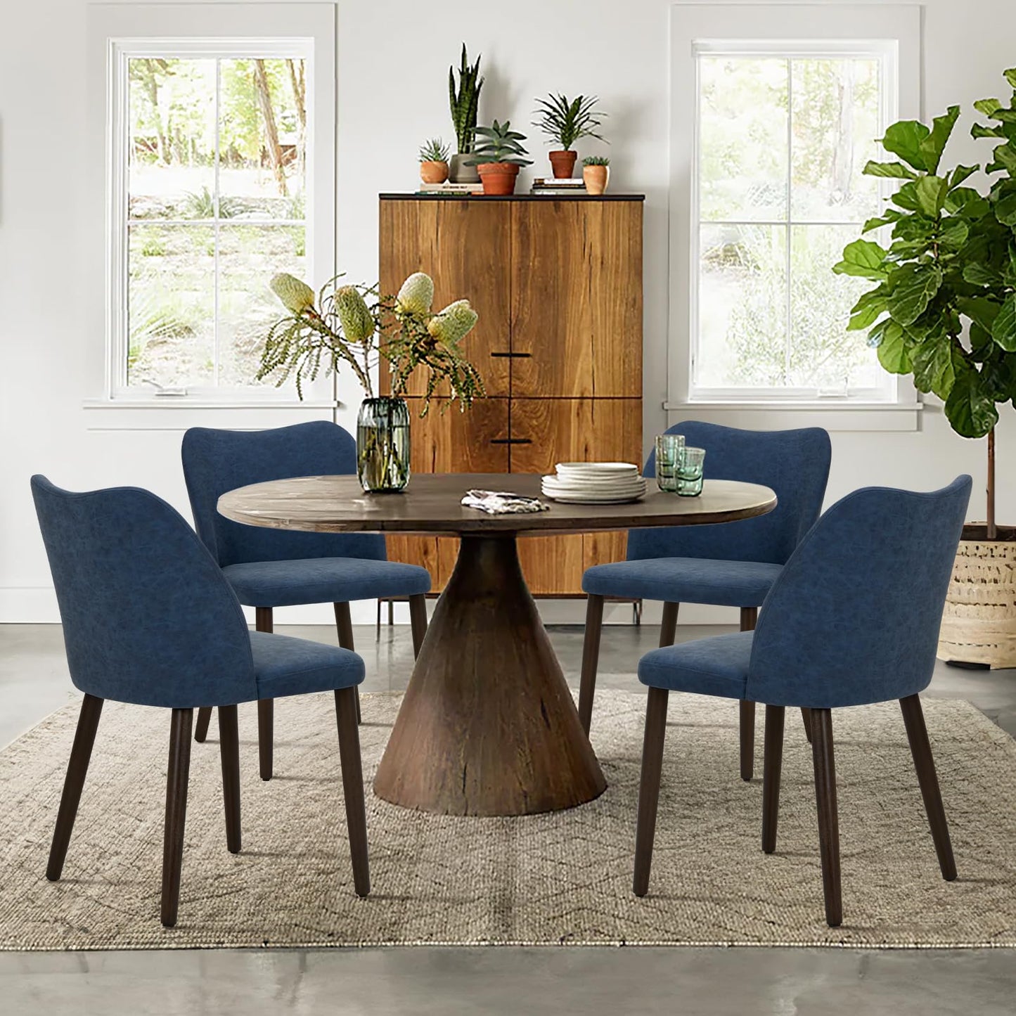 COLAMY Upholstered Dining Chairs Set of 4, Modern PU Leather Dining Room Kitchen Side Chair with Padded Seat and Wood Legs Restaurant/Cafe, Blue