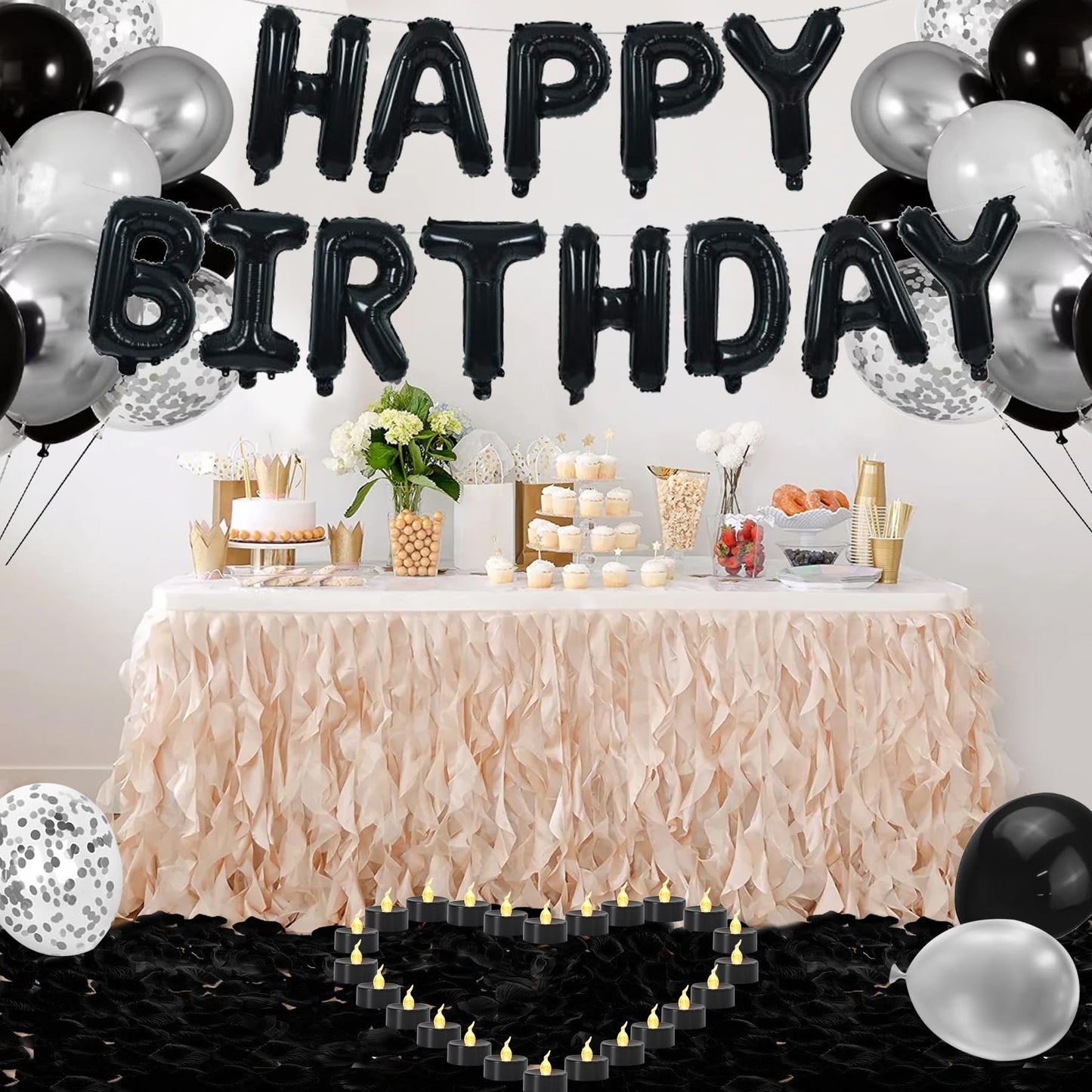 Birthday Decorations for Men - Black and Silver Birthday Decorations Include Letter Balloon Banner & Balloons & 1000 PCS Rose Petals & 24 Pack LED Tealight Candle, Black and Silver Party Supplies