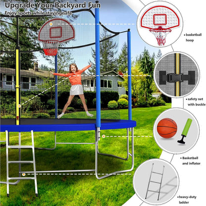 Lyromix Upgraded 16FT Trampoline with Lights, Large Outdoor Trampoline with Sprinkler,Basketball Hoop and Net, Capacity for 5-8 Kids and Adults, Navy Blue
