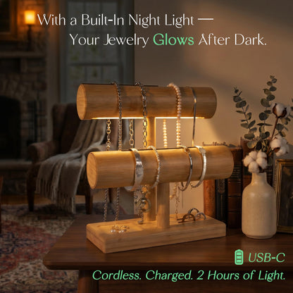 LED Bamboo Jewelry Organizer Stand - Bracelet Holder, Jewelry Organizers and Storage for Necklace, Watch, Earring, Ring - Built-in LED Light Natural Wooden Jewelry Display Stand for Dresser Decor