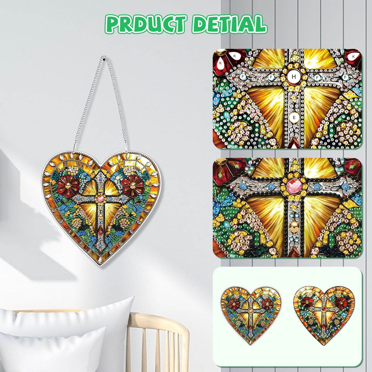 KEYIFA Diamond Painting Hanging Heart Shape Cross 3D Diamond Art Kits, Special Shaped Rhinestone Diamond Dots Kit for Adults Beginner, DIY Art Craft for Window Wall Door Decor, Double Sided