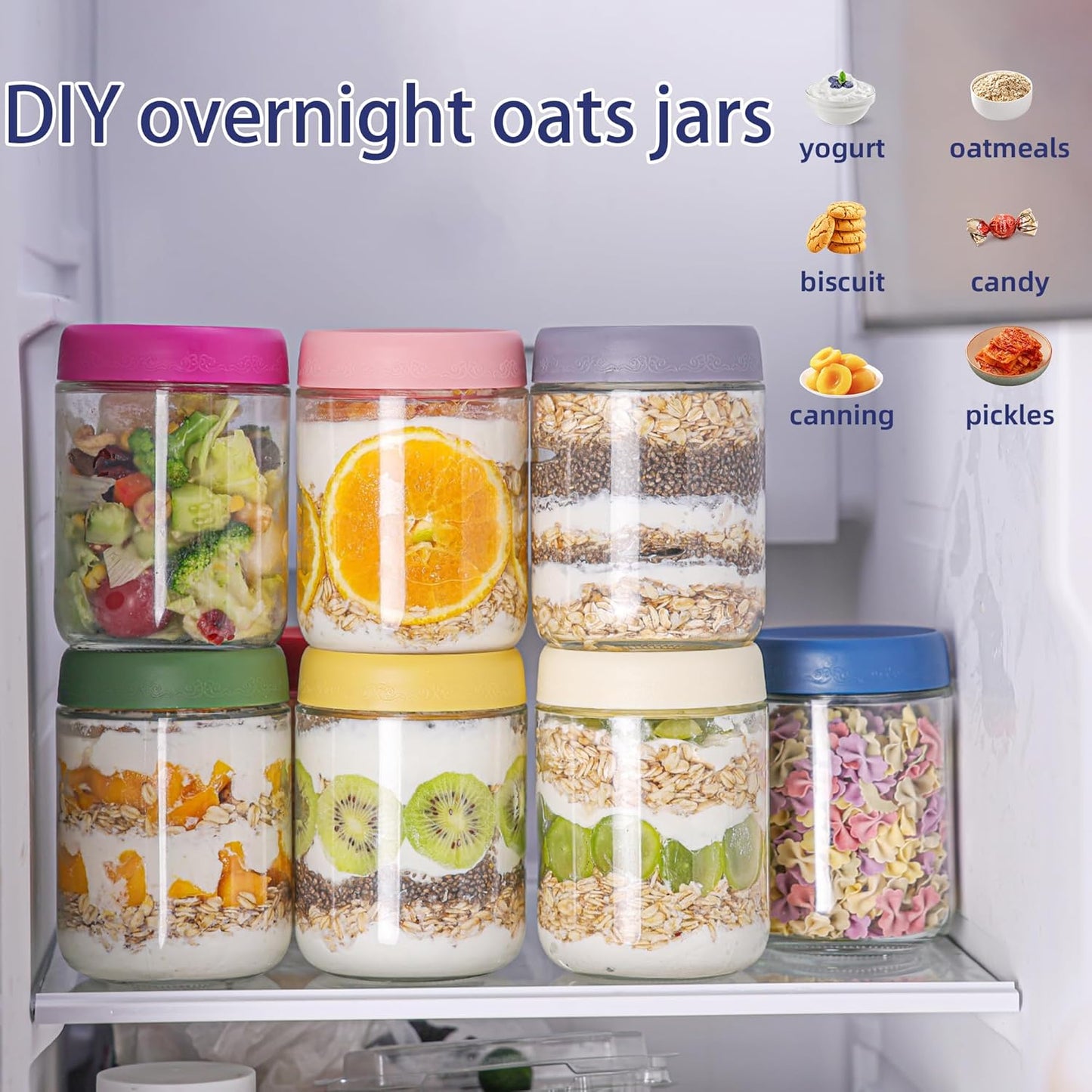 16 OZ 8 Pack, Smoothies(8 Pack) Overnight Oats Jars with Lids Glass Meal Prep Containers, Reusable Food Storage Jars