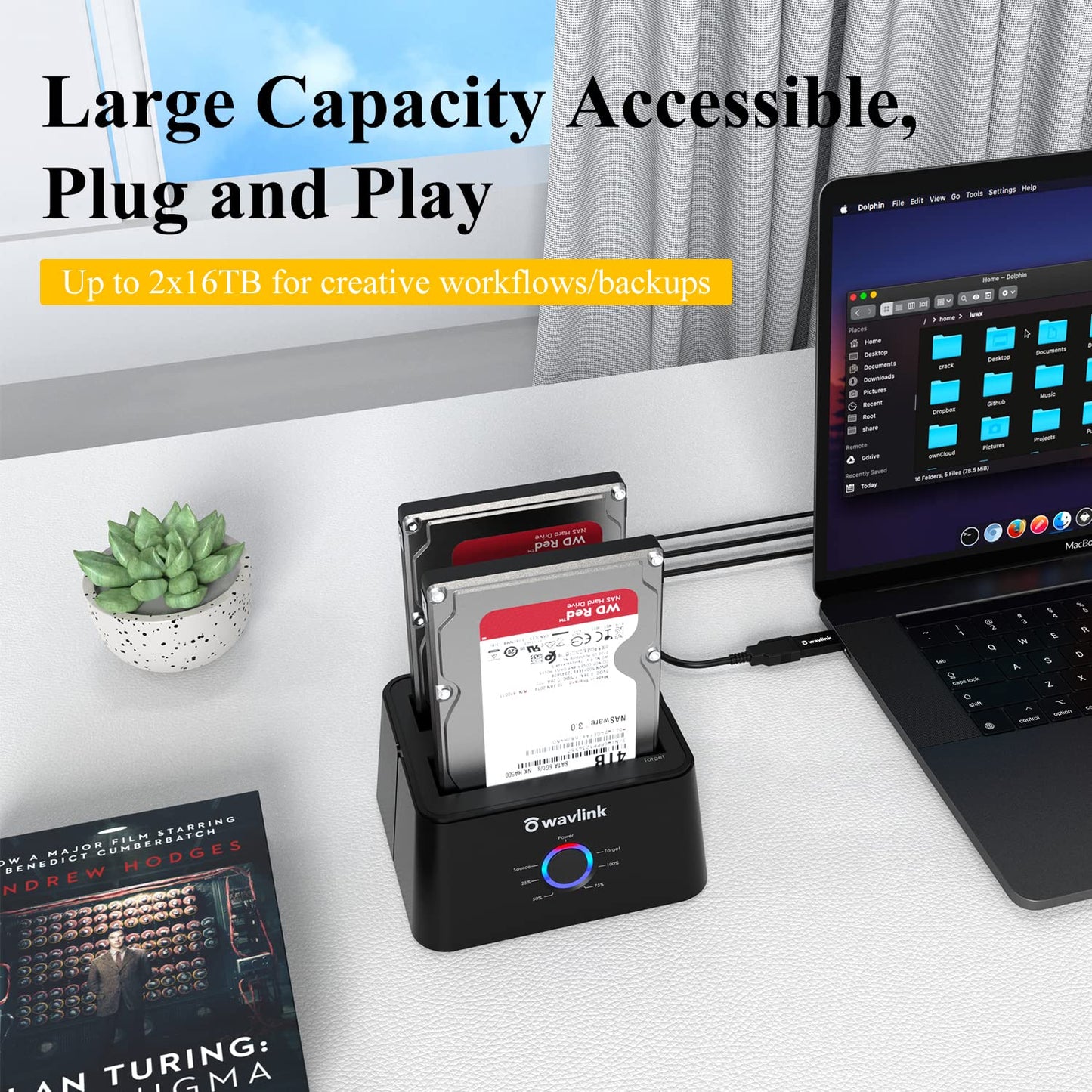 WAVLINK USB 3.0 and USB C to SATA Dual-Bay External Hard Drive Docking Station for 2.5/3.5 Inch HDD/SSD with UASP (6Gbps), Support Offline Clone/Duplicator Function [16TB X2 ]-Black