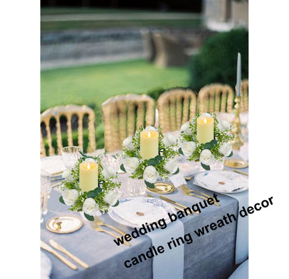 tyoungg 4 PCs Artificial Rose Eucalyptus Candle Rings Wreath Weddding Bridal Shower Table Home Decor (4, White)