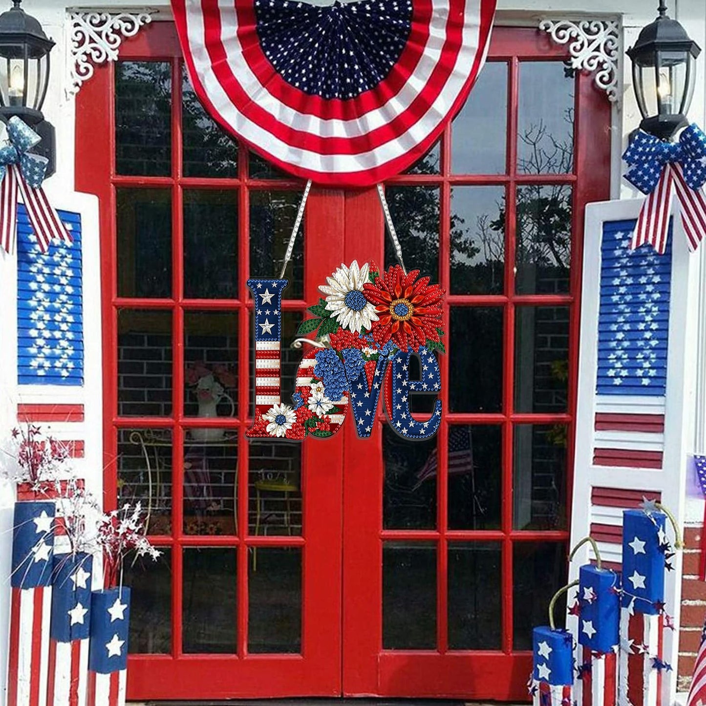 DOMROM 4th of July Love Diamond Art Hanging Kits, American Flag Floral Letter Diamond Painting, Special Shaped Gem Art Suncatchers Ornament, Independence Day Love Decor for Home Window Wall