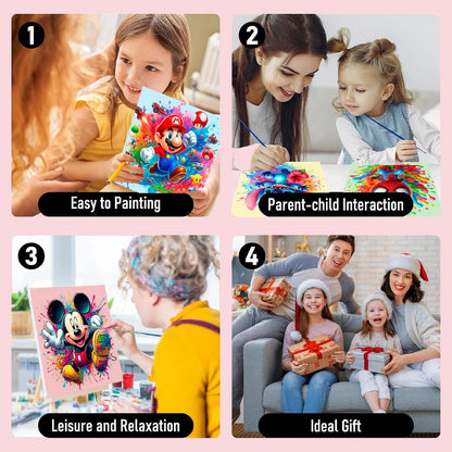 Fuinkqe 4 Packs Cartoon Paint by Numbers Kits for Kids Framed,Paint by Numbers for Kids Ages 8-12 with Framed Canvas,DIY Easy Painting Kits with Wooden Easel for Home Wall Decor 8X8 Inch