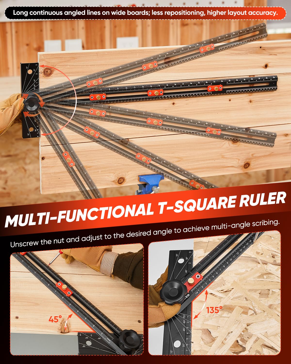 Saker 4-in-1 Scriber Marking Line Ruler, 29.5in Spliceable Extended T Square, Precision Line Drawing & Drilling Positioning Tool, Cabinet Hardware Jig with Angle Adjustment for Woodworking