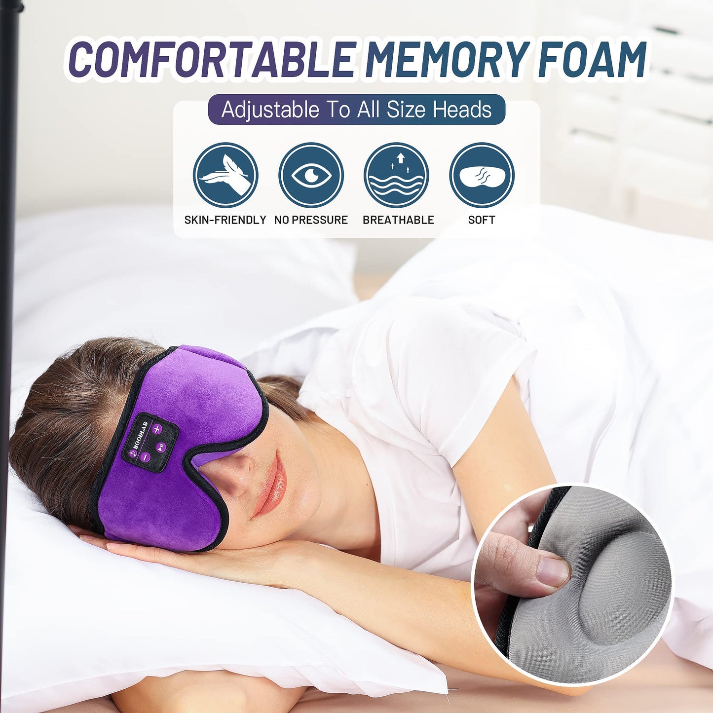 Boodlab Sleep Headphones Bluetooth Sleep Mask, 3D Sleep Eye Mask with Ultra-Thin HD Stereo Speakers Washable Adjustable for Sleeping Side Sleepers, Air Travel,Yoga,Meditation,Holiday (Purple)