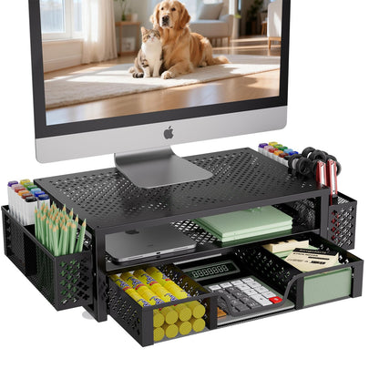 Simple Trending Desk Organizer and Accessories, 2 Tier Computer Metal Monitor Stand Riser with Drawer and Pen Holder for Laptop, Computer, iMac, Black