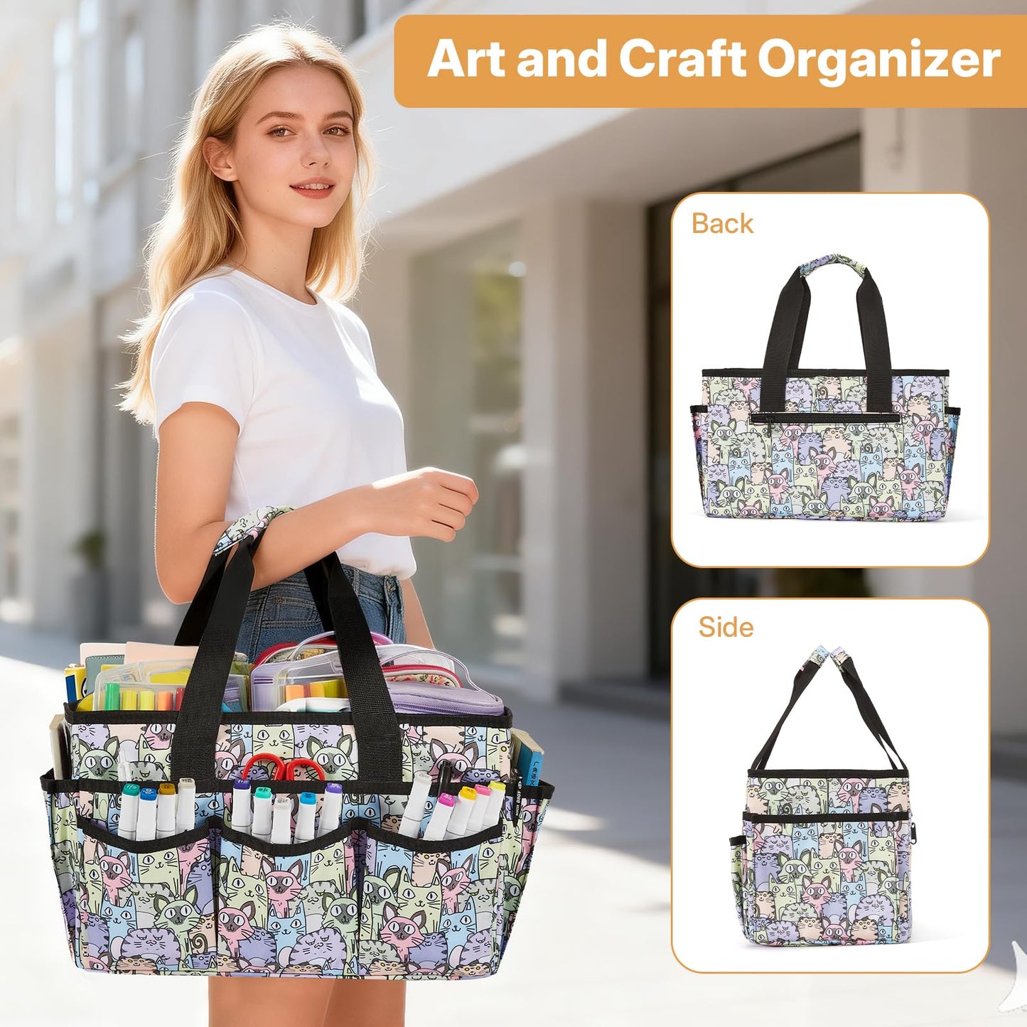 JOSIVIKY Craft Organizer Tote Bag, Art Organizer, Craft Caddy with Multiple Pockets, Storage Bag for Sewing Tools, Art Supplies, Home and Office (Cat Print)