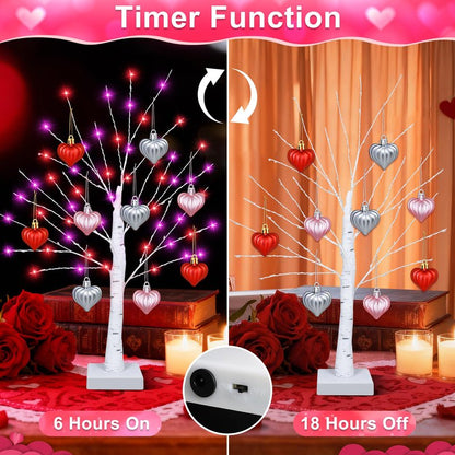 [Timer] Valentines Day Decorations Indoor 2 Pack 24 Inch Valentines Tree with 65 Red & Pink Lights 18 Hearts, USB & Battery Operated Valentines Decor, Valentines Day Decorations for Home Table Bedroom
