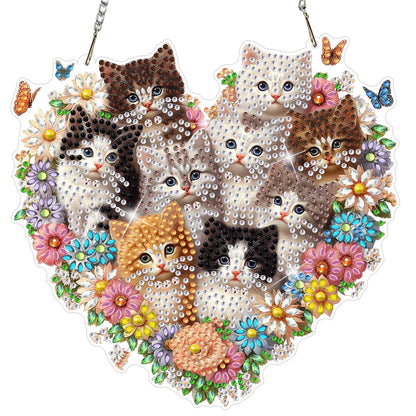 MEIYUDA Cat Diamond Art Hanging Kits for Adult, Flower Cats Diamond Painting Hanging Kits Ornaments, DIY Special Shaped Rhinestone Window Pendants Kit for Home Garden Wall Decor Gift