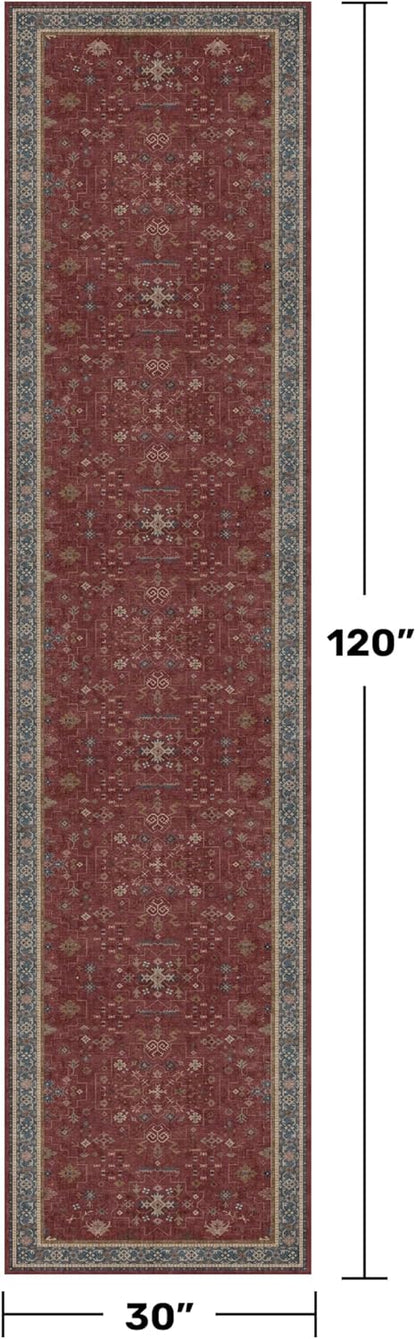 Skiennix Dark Red Hallway Runner Rug - 10ft Washable Non-Slip Indoor Mat | Soft Low Pile Boho Floral Design