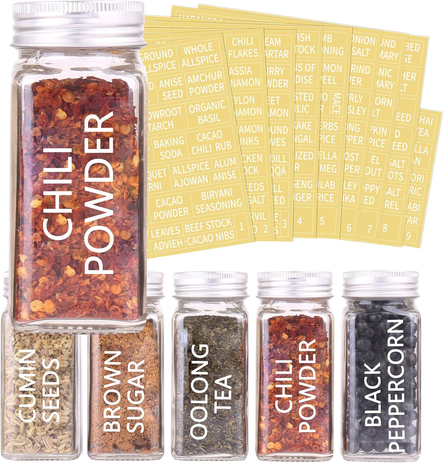 SWOMMOLY 42 Glass Spice Jars with 703 Spice Labels, Chalk Marker and Funnel Complete Set. 42 Square Glass Jars 4oz, Airtight Cap, Pour/sift Shaker Lid