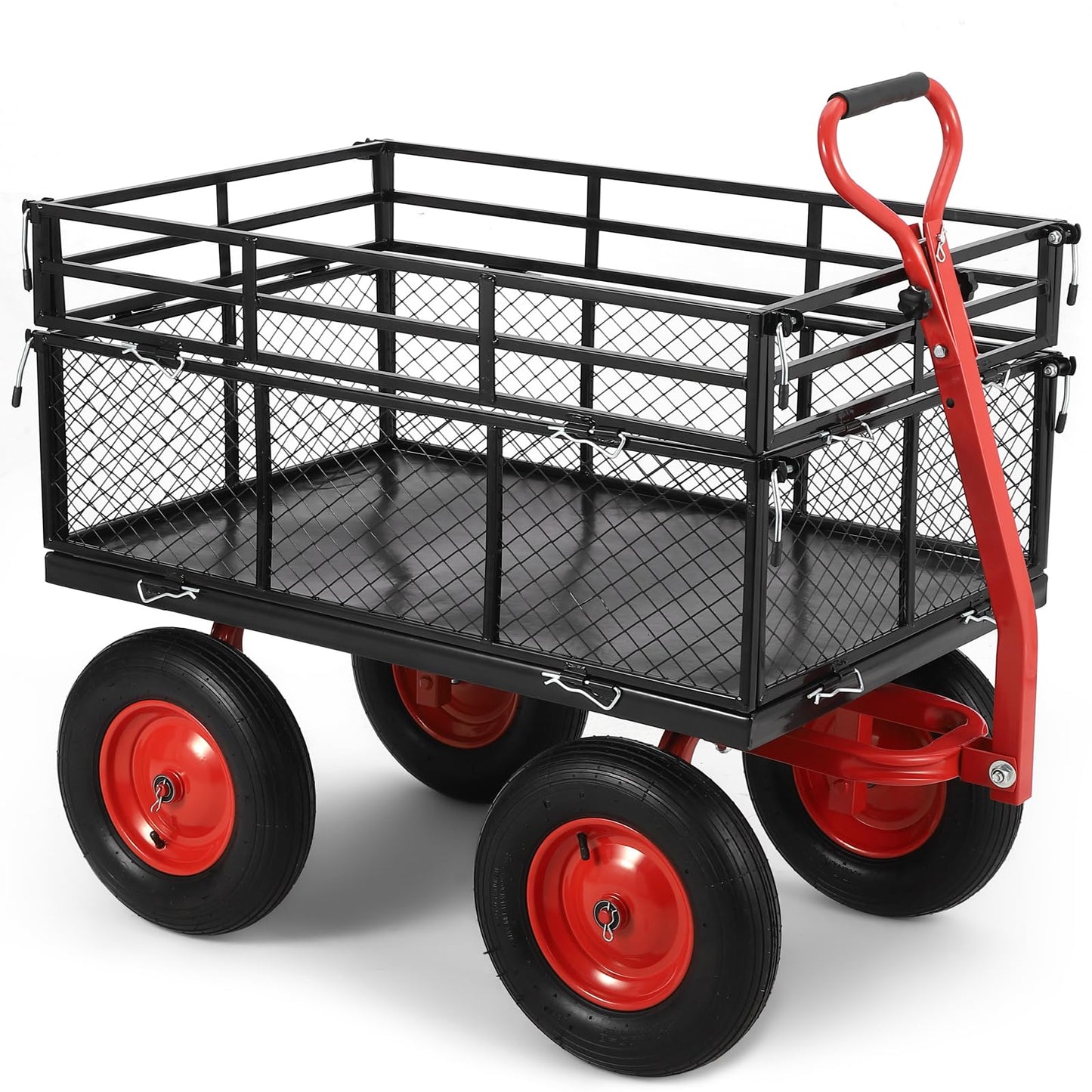 1400 LBS Steel Garden Yard Cart, Heavy-Duty Metal Garden Wagon Convertible 2-in-1 Handle and Removable Sides to Convert into Flatbed Lawn and Utility Wagons Cart