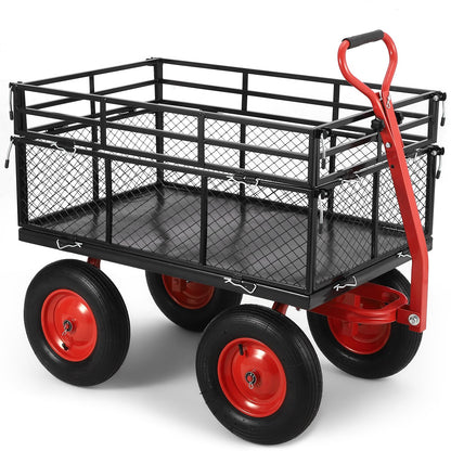 1400 LBS Steel Garden Yard Cart, Heavy-Duty Metal Garden Wagon Convertible 2-in-1 Handle and Removable Sides to Convert into Flatbed Lawn and Utility Wagons Cart