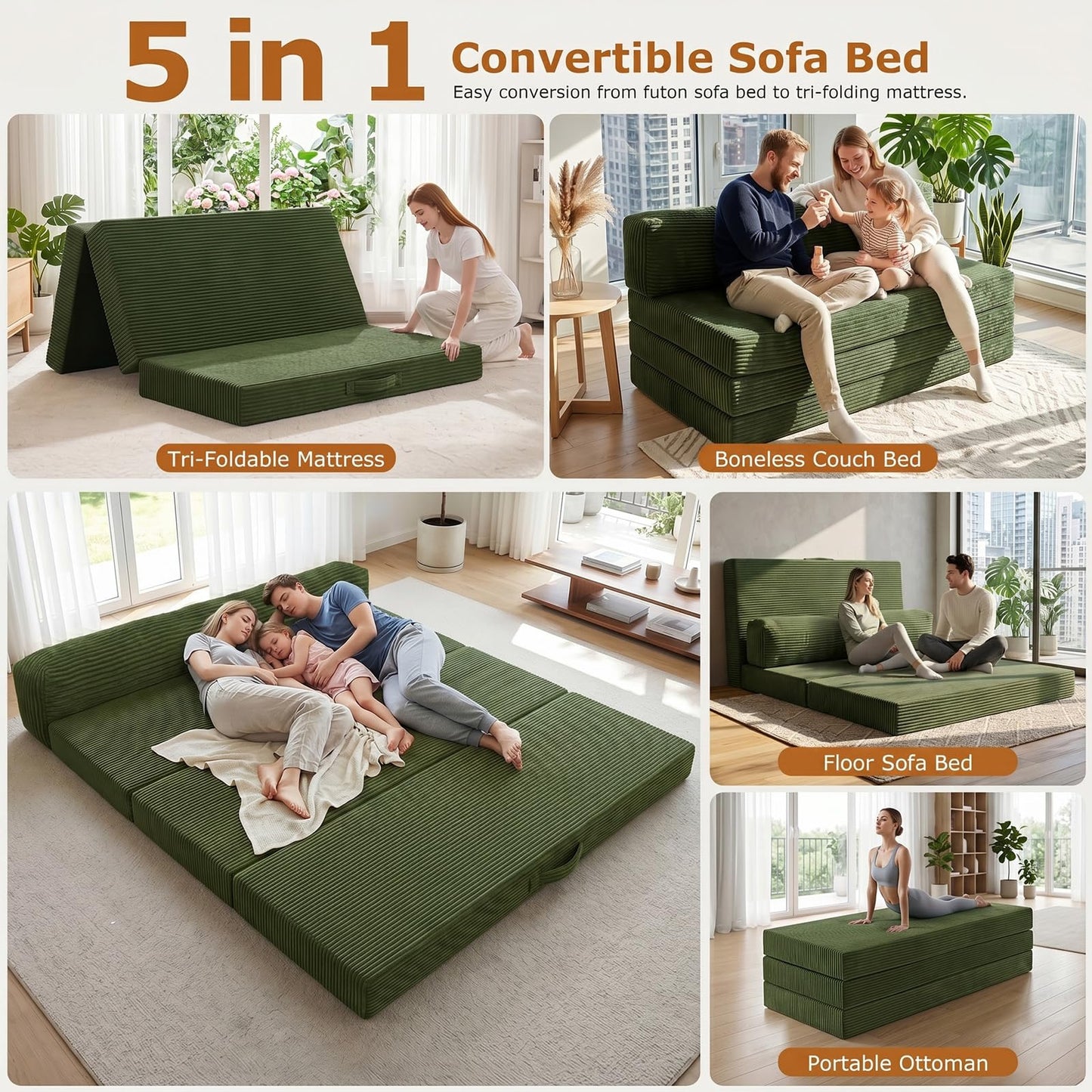 JUIKURY 5 in 1 Foldable Floor Sofa Bed, Tri-Fold Memory Foam Futon Mattress, Convertible Sleeper Couch Guest Bed, Portable Fold Out Sofa Couch for Living Room Apartment Office Guest Room