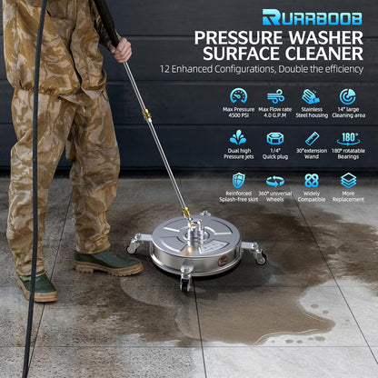 Pressure Washer Surface Cleaner - 14" 4500 PSI | Durable 304 Stainless Steel, 4 Wheels & 2 Wands