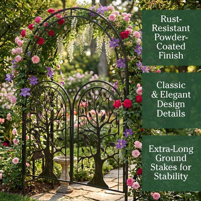 Plow & Hearth Metal Tree of Life Arched Garden Arbor with Gate | 7 feet Tall Laser-Cut Design | Plant Support for Heavy Vines | Landscape Focal Point | Iron Steel