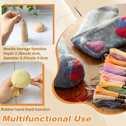 Jexine Mini Darning Mushroom for Socks 14 Hooks Small Speedweve Style Weaving Darning Loom with 9 Pcs Large Eye Needles 50 Colors Thread for Handcraft DIY Weaving Repair Tool