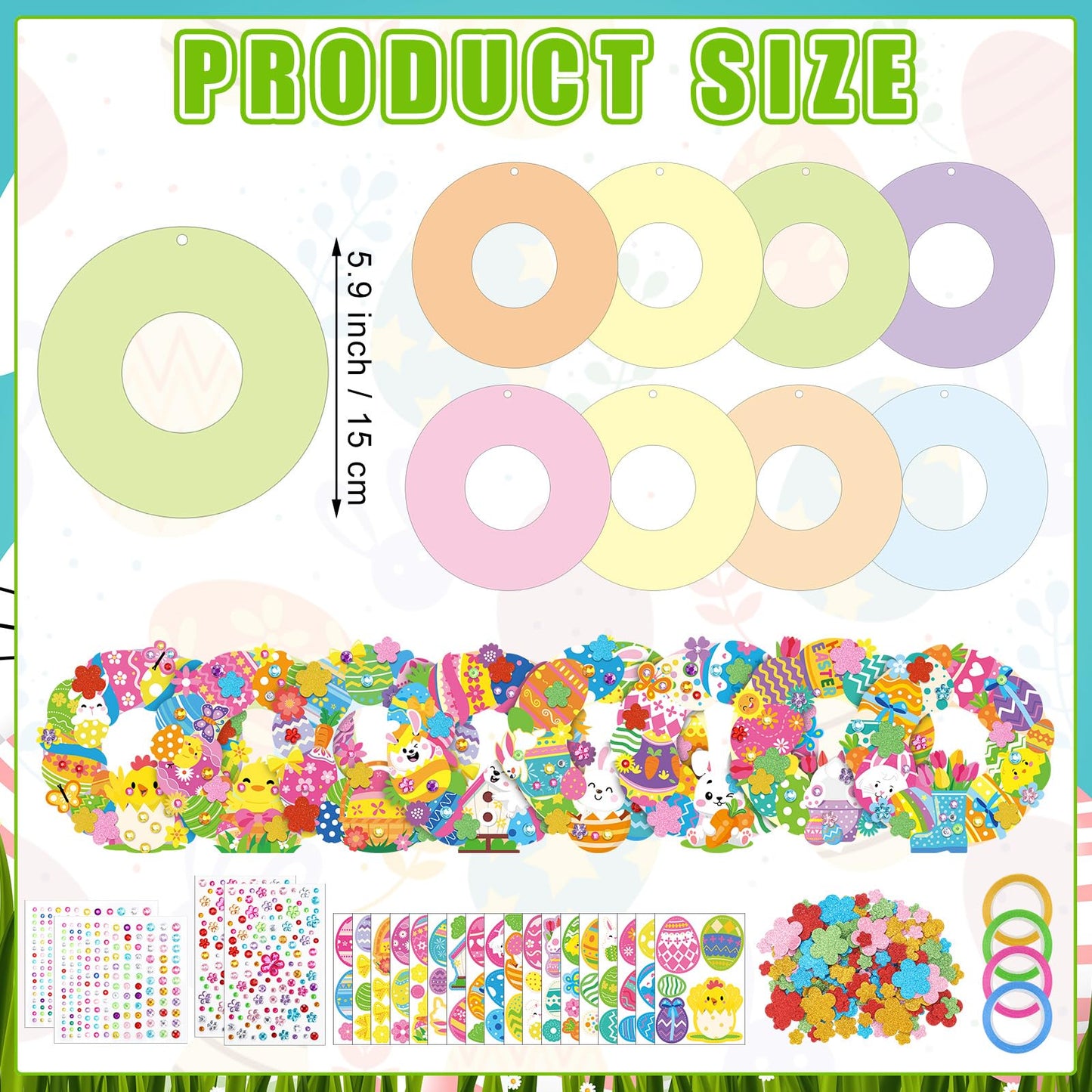 Hollowfly 48 Sets Easter Wreath Craft Kits DIY Wreath Hanging Ornaments Make Your Own Paper Craft with Stickers for Home Party Activities