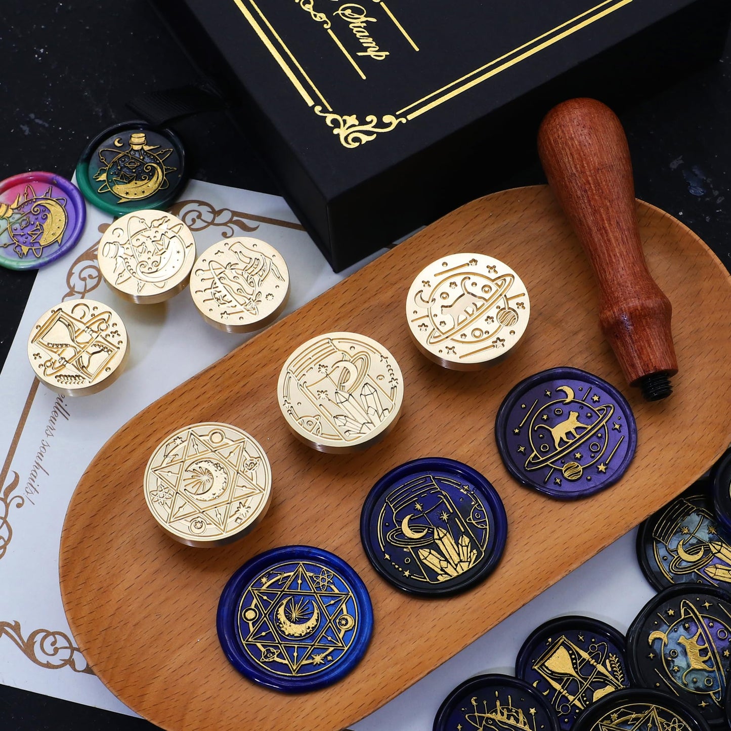 SWANGSA Magic Space Wax Seal Stamp Gift Box Set, Vintage 6 Sealing Stamp Heads + 1 Wooden Hilt, Wax Stamp Kit for Party Invitations, Envelops, Cards and Gift Packaging (Magic Space)