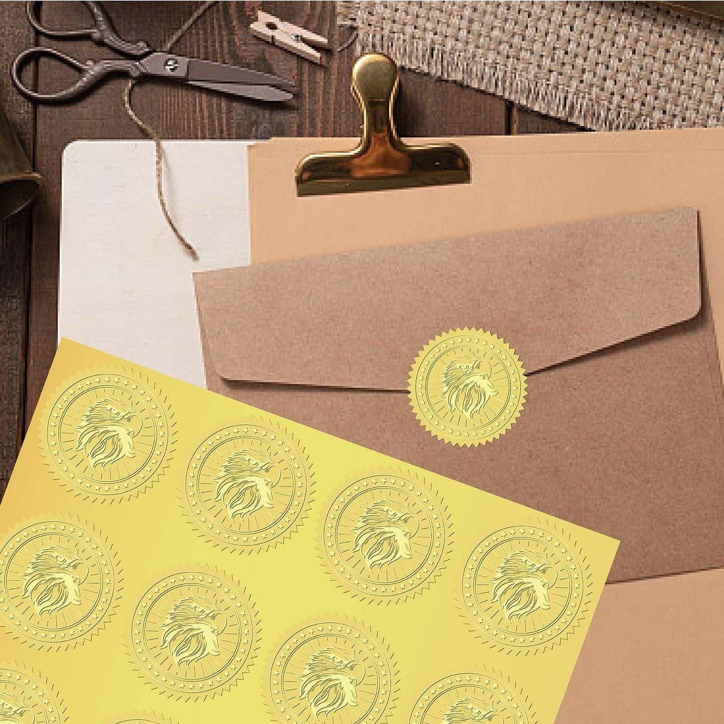 CRASPIRE 408Pcs Eagle Gold Foil Embossed Stickers 2" Bird Self Adhesive Envelopes Seals Sticker Round Labels for Independence Day Invitation Graduation Corporate Certificates Diplomas Gift Wrapping