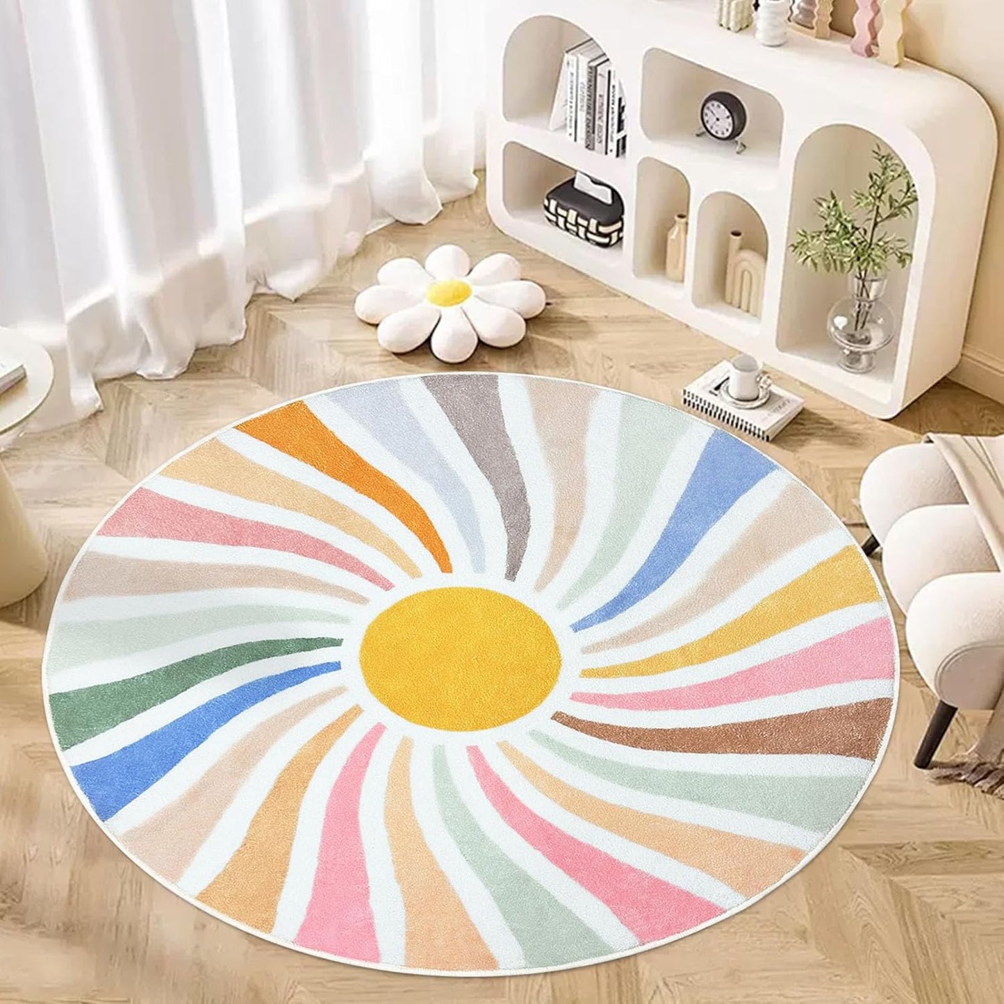 SKGULE 5 Boho Kids Round Rug Colorful Sun Bohemia Round Kid Area Rug for Playroom Non-Slip Washable Play Mat Soft