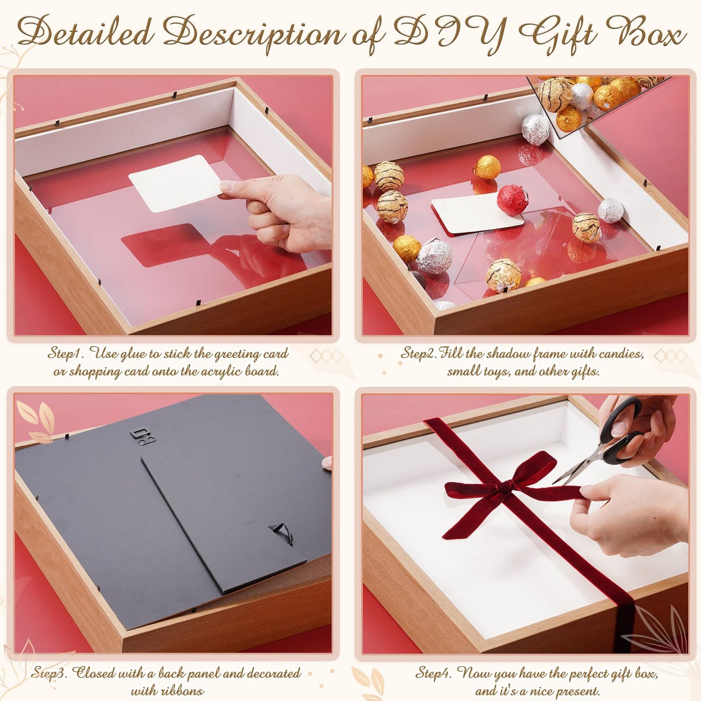 BrightRow 12"x12" Wedding Shadow Box Frame Flower Display Case Kit, DIY Wood Color Picture Gift Box with Lid Deep Glass Case Red Velvet Ribbon for Gift Wrapping Craft Bouquet Flower Keepsake Memory
