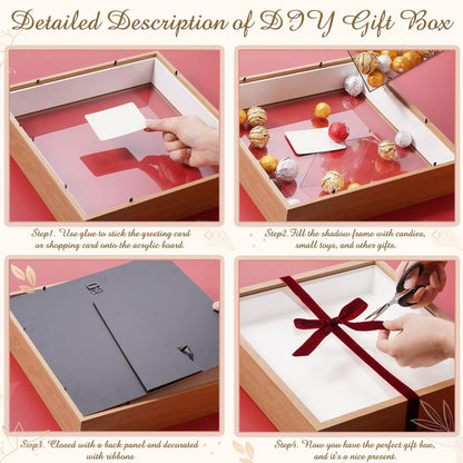 BrightRow 12"x12" Wedding Shadow Box Frame Flower Display Case Kit, DIY Wood Color Picture Gift Box with Lid Deep Glass Case Red Velvet Ribbon for Gift Wrapping Craft Bouquet Flower Keepsake Memory