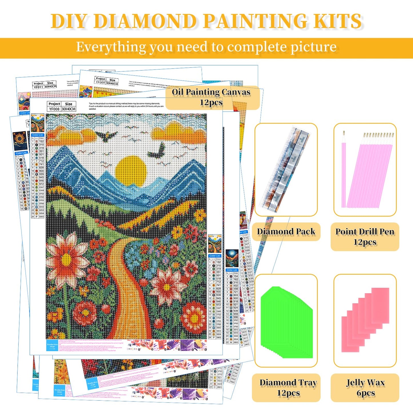 BWFY 12 Pack Diamond Art Kit Sets for Adults 5d Diamond Painting Kit Set for Beginners, DIY Landscape Gem Art Kit Print by Full Drill Diamonds Home Wall Decor 12x16 Inch