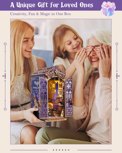 ROBOTIME Book Nook Kit, DIY Miniature House Kit, 3D Wooden Puzzle Bookends, Witch Study Room Bookshelf Decor, Creative Unique Gifts for Adults (Magic Fantasy Corner)