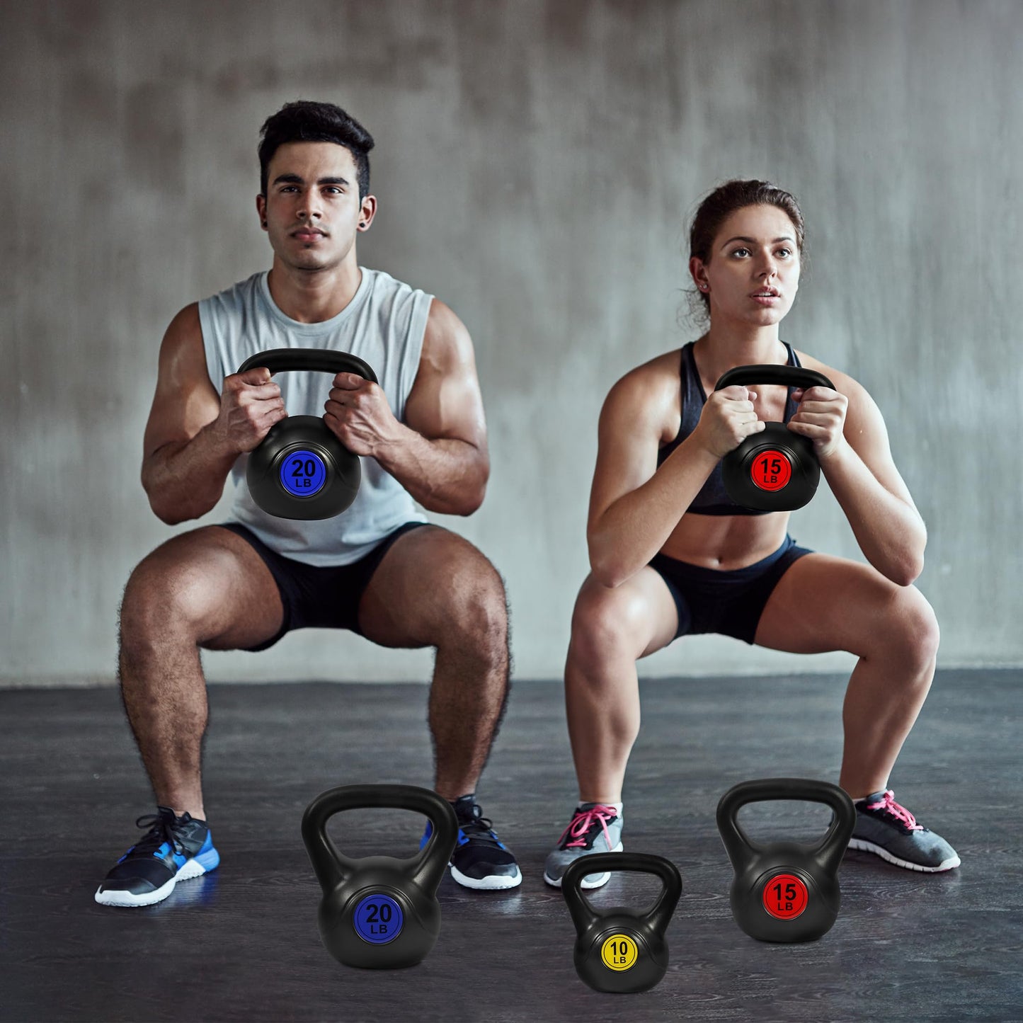 Fitvids Wide Grip 3-Piece Kettlebell Exercise Fitness Weight Set, Include 5 lbs, 10 lbs, 15 lbs and 20 lbs, Set of 3 or Set of 4