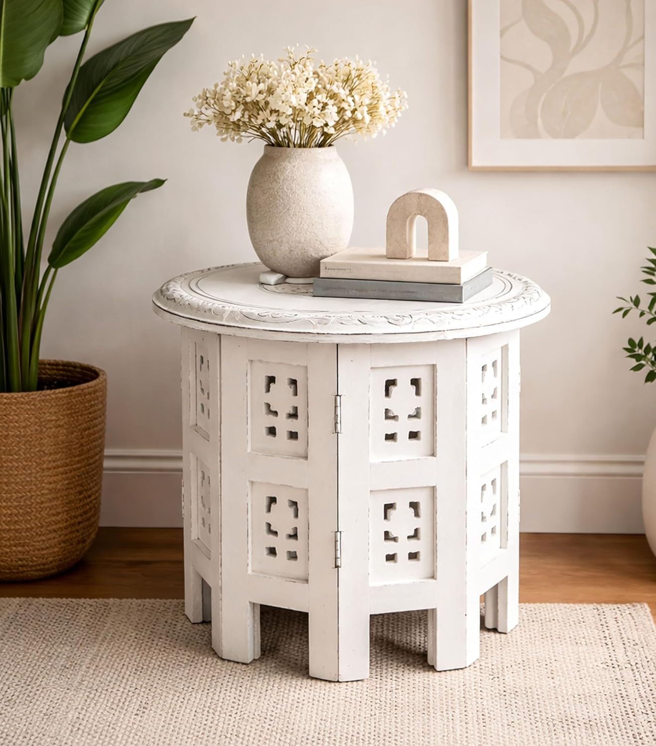 12"x12" Bedding Craft Wooden End Table, Side Table Hand Carved Wooden Vintage Boho Folding for Small Spaces, Entryway