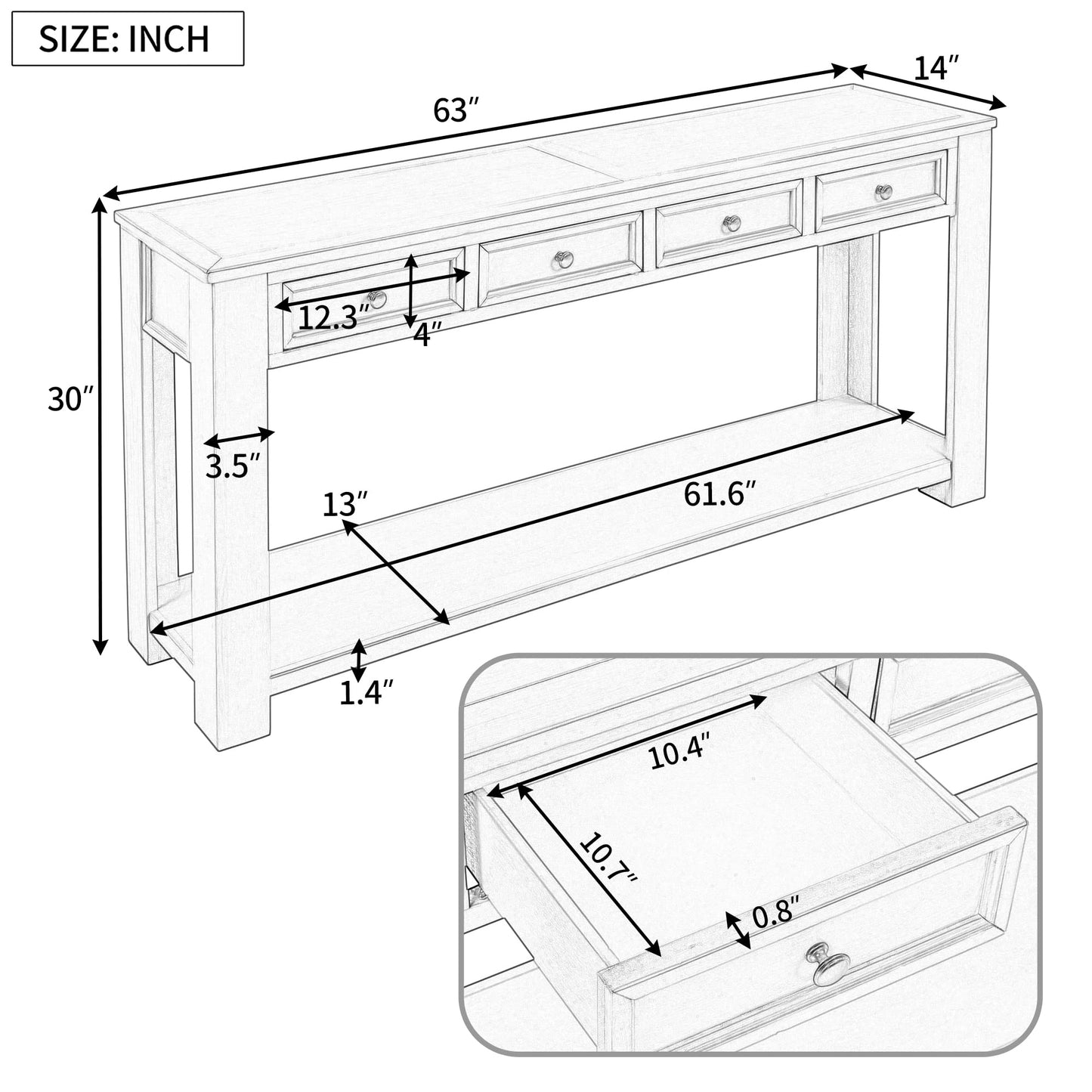 Brisca Solid Wood Console Sofa Table with 4 Drawers and Tabletop,Bottom Shelf for Entryway Hallway or Living Room,Space Saving,Easy to Assemble,Gray Wash,63" L×14" W×30" H