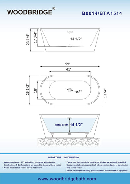 WOODBRIDGE 59" Acrylic Freestanding Bathtub Contemporary Soaking Tub with Brushed Nickel Overflow and Drain B0014B,White