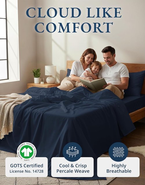 LANE LINEN Organic Cotton Bed Sheets - Eco-Friendly, Soft Percale Weave, Queen Size Set in Navy