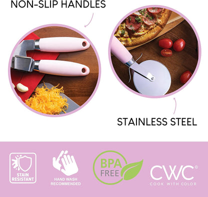 COOK WITH COLOR 7 Pc Kitchen Gadget Set, Stainless Steel Utensils with Soft Touch Handles, Pink