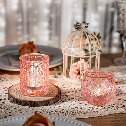 DARJEN Pink Votive Candle Holders Set of 24- Round Glass Candle Holders Bulk for Flameless LED Tea Waxes, Romantic Candle Holder for Wedding & Various Parties, Home Table Decor (Pack of 4)