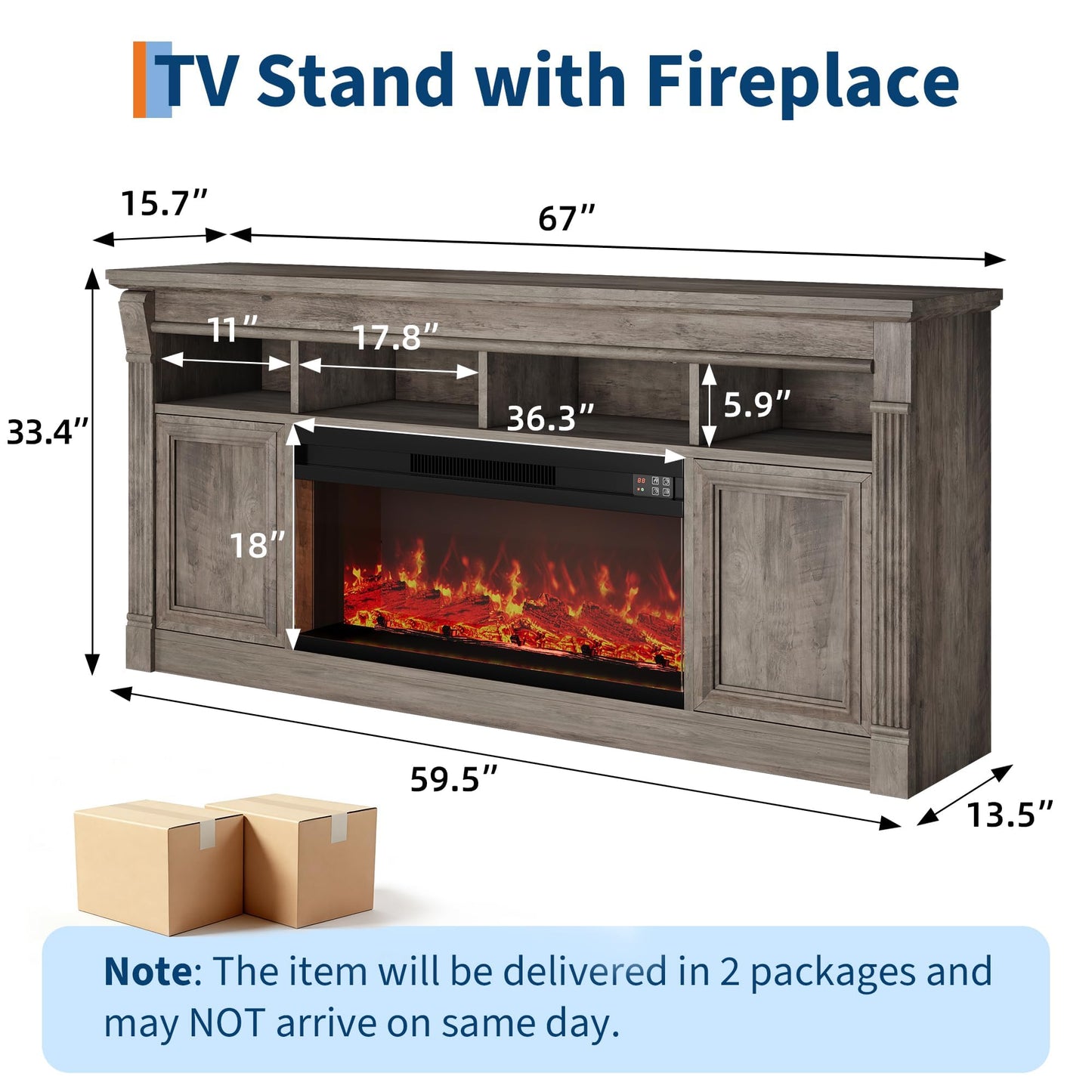 Garvee 68" Farmhouse Electric Fireplace TV Stand, Entertainment Center with Open Storage Cabinets for TVs up to 75", Media Console for Living Room,Grey