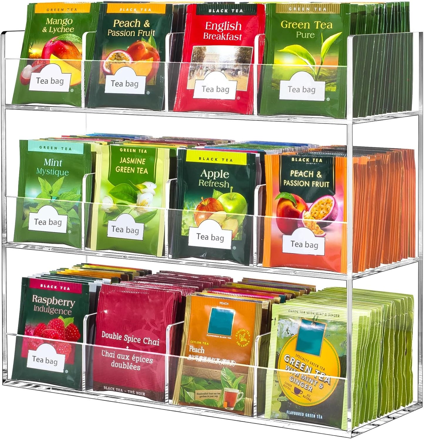 216 Packets, Countertop, BEYGORM Acrylic Tea Bag Organizer for Tea No Assembly Required, Display Holder for Vertical