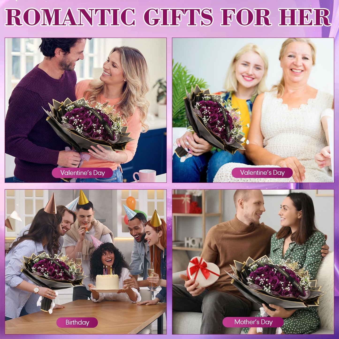 Suncalla 52 Pcs Purple Glitter Roses Bouquet DIY Kit, Large Sparkly Artificial Flowers with Crown and Wrapping Paper, Everlasting Rose Gift for Mother's Day, Graduation, Birthday, Anniversary
