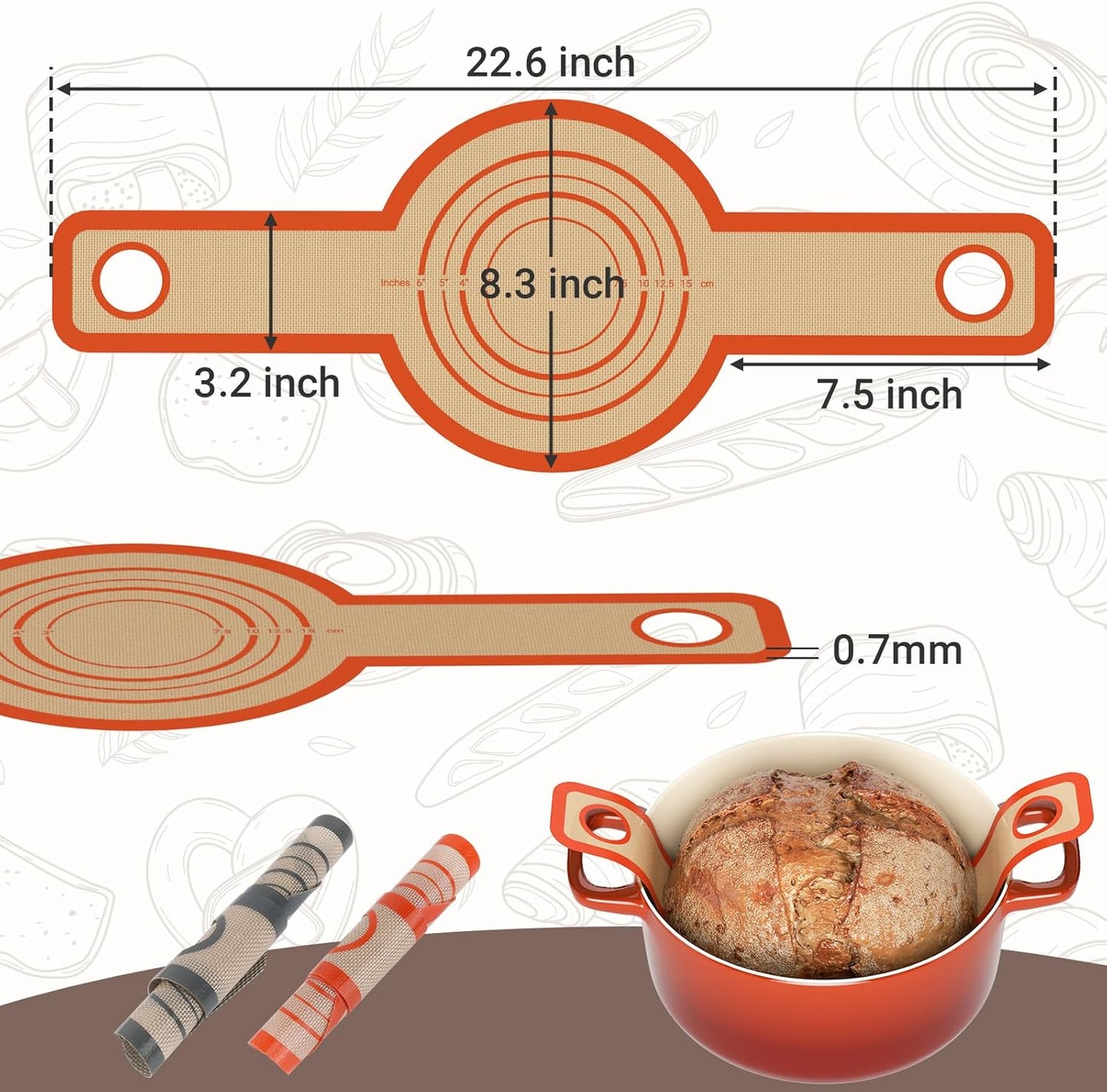 2 PCS Thicked Silicone Bread Slings: Reusable Sourdough Bread Sling with Long Handle, Non-Stick Baking Mats