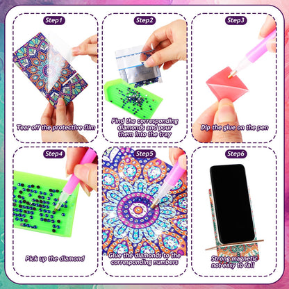 Saillong 4 Pcs Large Mandala Diamond Painting Cell Phone Stand 5.5 Inch DIY Full Drill Crystal Diamond Art Phone Holder Bling Painting Art Craft Kits for Beginner Adult