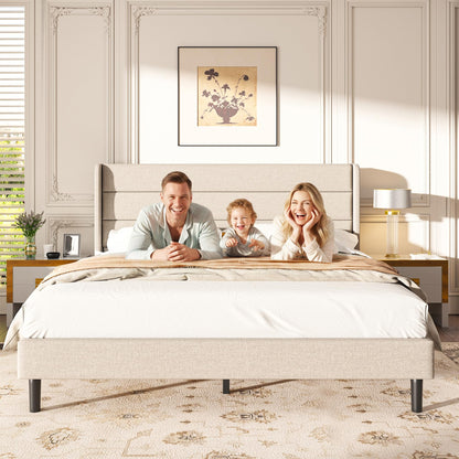 Mxhtcewz Queen Size Upholstered Platform Bed Frame, Modern Linen Fabric Bed with Wingback Headboard, Sturdy No Wobble, Noise-Free & Easy Assembly, No Box Spring Needed, Beige