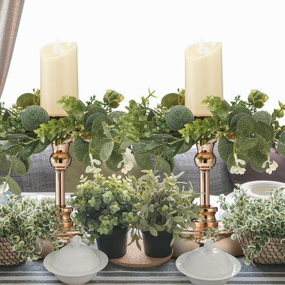 Thiccywoov 6 Pcs Artificial Eucalyptus Leaves Candle Rings Wreaths 9. 8 Inch Small Boho Greenery Wreath Pillar Candle Holder for Candleholders Kitchen Cabinet Wedding Home Door Table Decor