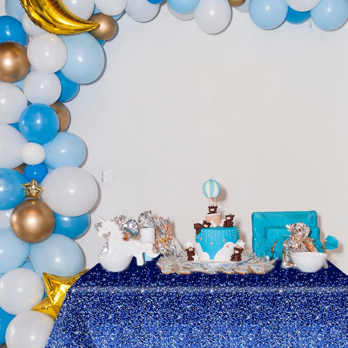 3pcs Blue Silver Tablecloths Denim and Diamonds Party Decorations Navy Blue and Silver Tablecloth Disposable Plastic Royal Blue Confetti Rectangle Table Cover for Birthday Wedding Party Decor Supplies