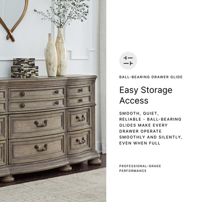 Signature Design by Ashley Ardenfield Traditional Nine-Drawer Dresser with Dovetail Construction, Top Drawers Felt Lined, Metal Hardware, Wood, Light Brown
