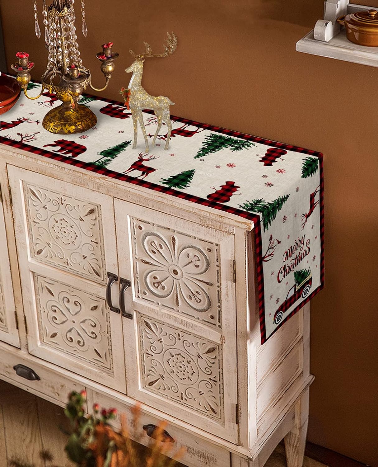 Christmas Truck Cotton Linen Table Runners, 90 Inches Long, Red Buffalo Plaid Non-Slip Burlap for Holiday Decor