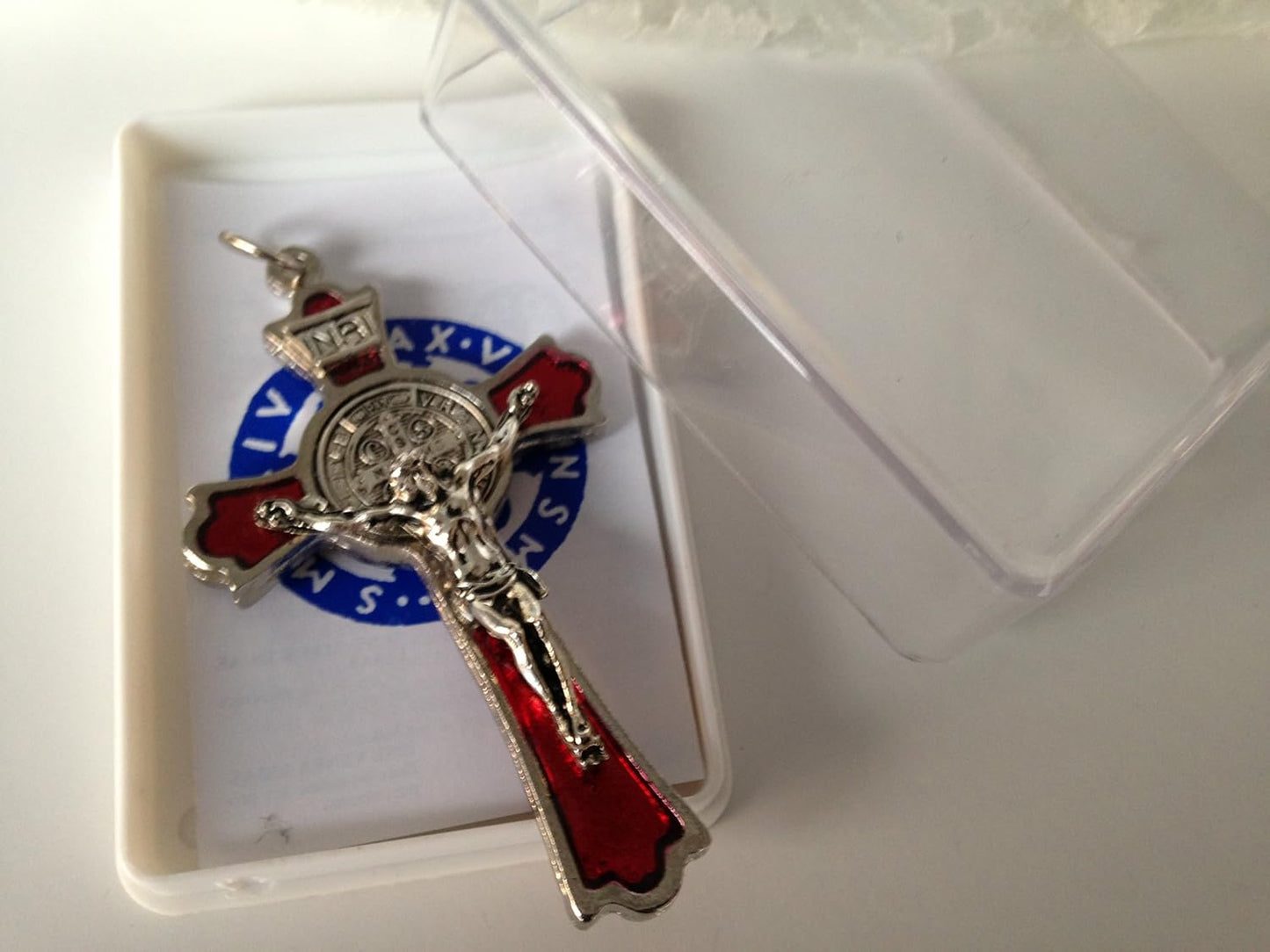 Hand Made St Benedict Cross Medal Crucifix, 3" Tall, Silver Plated with Red Enamel